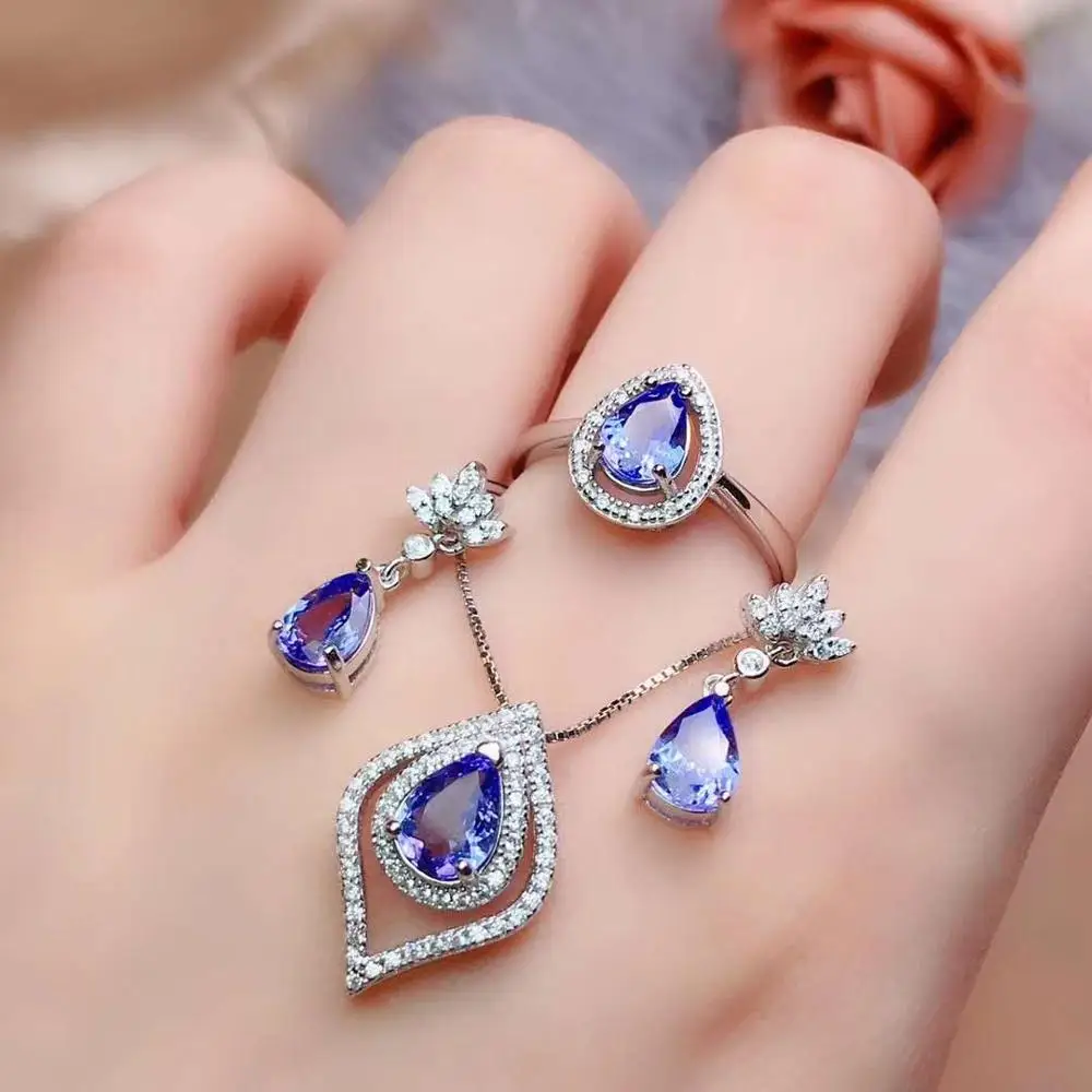 Real Natural Tanzanite jewelry set Natural Real Tanzanite 925 sterling silver 1pc pendant,1pc ring,2pcs Earring