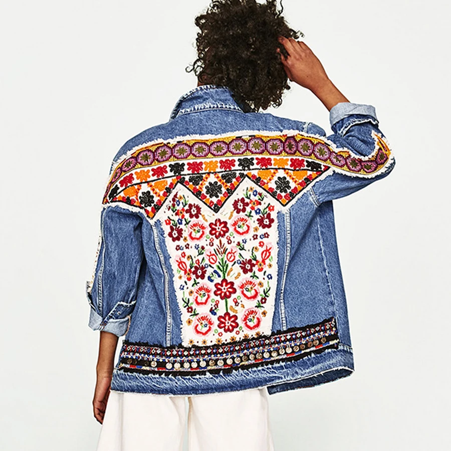 TEELYNN Denim jacket for women autumn vintage floral appliques Embroidery boho jacket long sleeve Outerwear coat female jackets