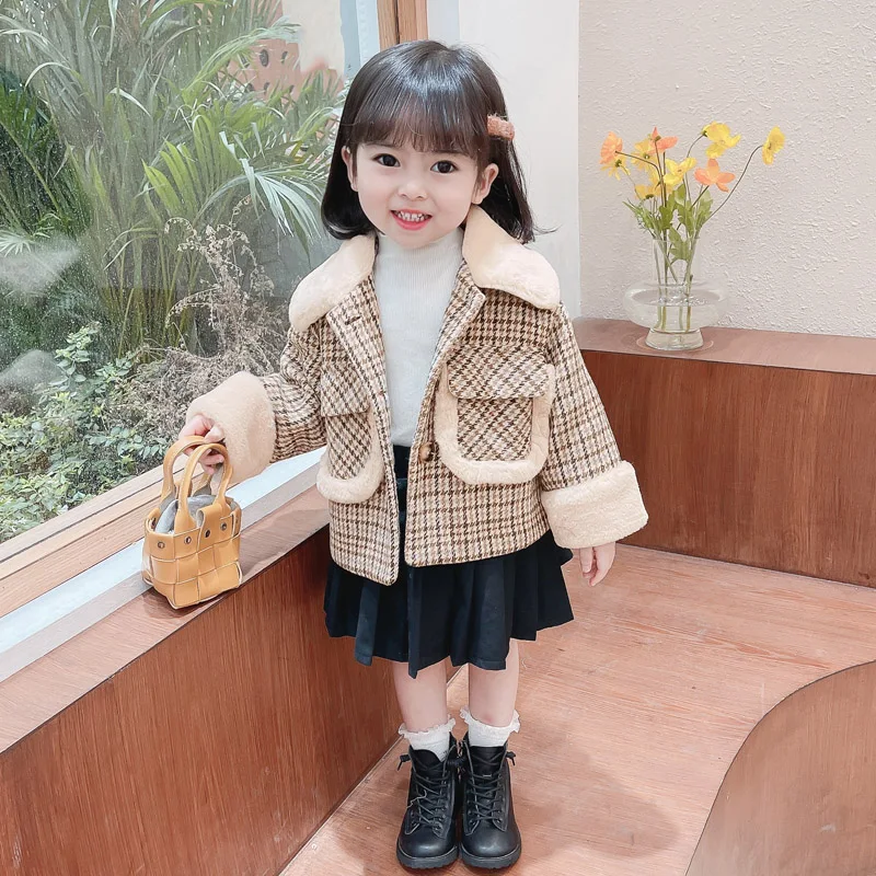 Girls Fashion Houndstooth Wool Coat Fall & Winter Outerwear Clothes Western Style Baby Kids Fleece Thickened Plaid Woolen Jacket