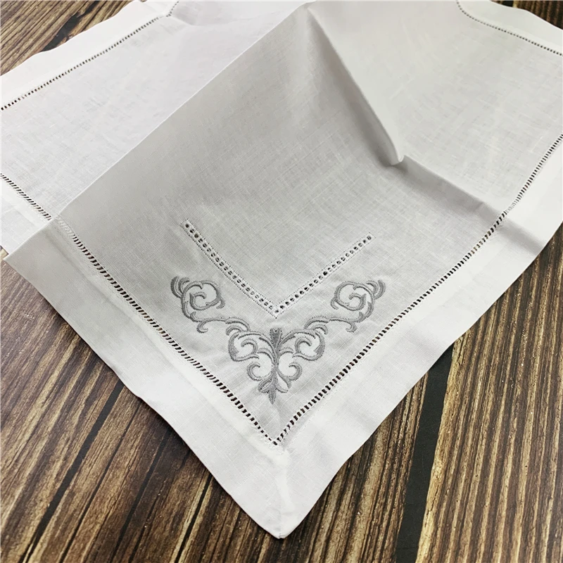 Set of 12 Dinner Napkins white Hemstitched linen Table Napkin Color Embroidered 20x20-inch