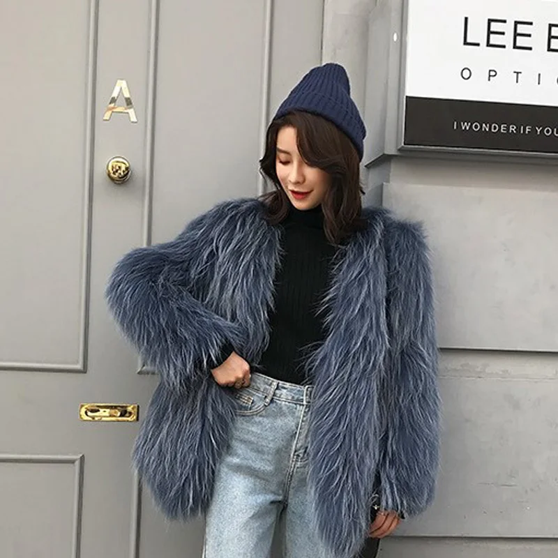 knitted fox fur coat female  long-sleeved V-neck encryption thickening 2020 winter Spring Autumn real fur raccoon dog fur coat