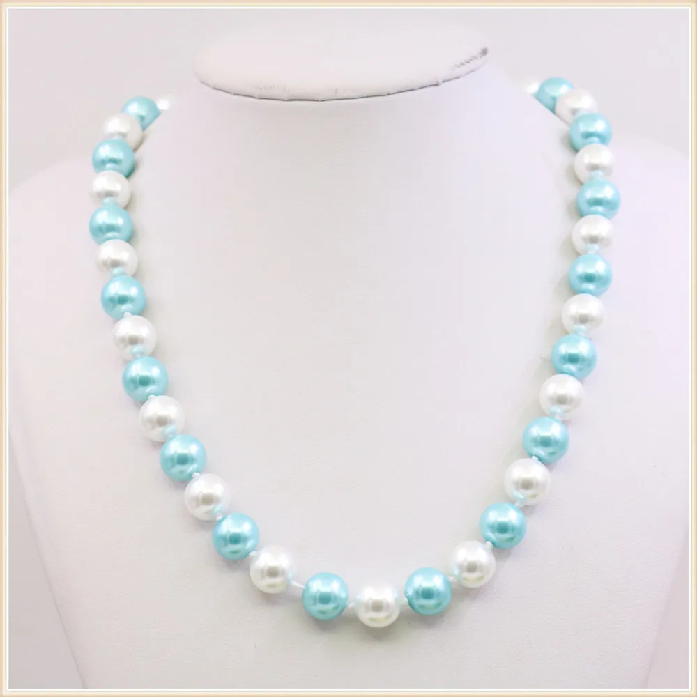 10mm Round White Blue Pink Glass Pearl Shell Necklace Girl Knotted Between Every Beads Neckwear Fashion Jewelry Making Design