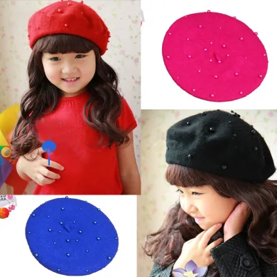 Fashion Wool Baby Hat with Pearls Candy Color Retro Baby Girl Cap Kids Beret Hats for Girls 1-3 Years 1PC