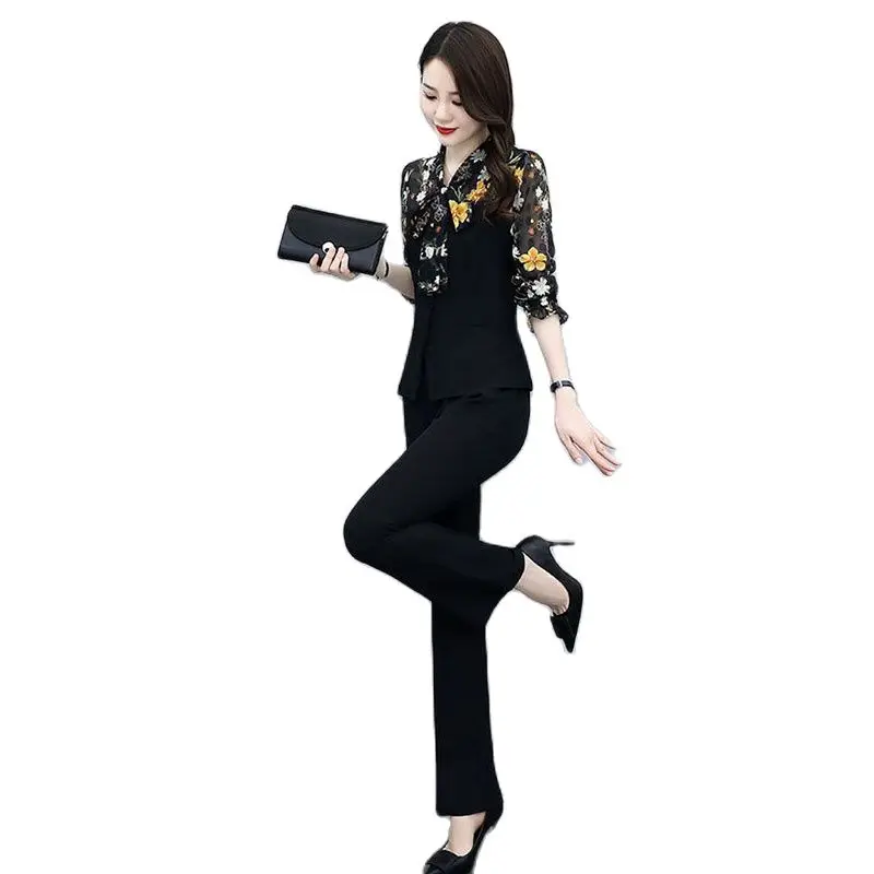 

Women's Pants 2 Piece Set 2022 Spring Summer Two Piece Set Ladies Floral Shirt Tops+Large Size Wide leg Pants Suit Lady 2PCS C