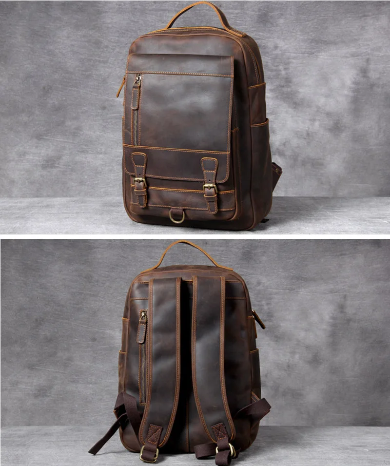 Crazy Horse Lederen Rugzak Mannen Bruin Unisex Koe Lederen 14 "Laptop Rugzak Vintage Real Leather Schooltas Duurzaam Reizen tas