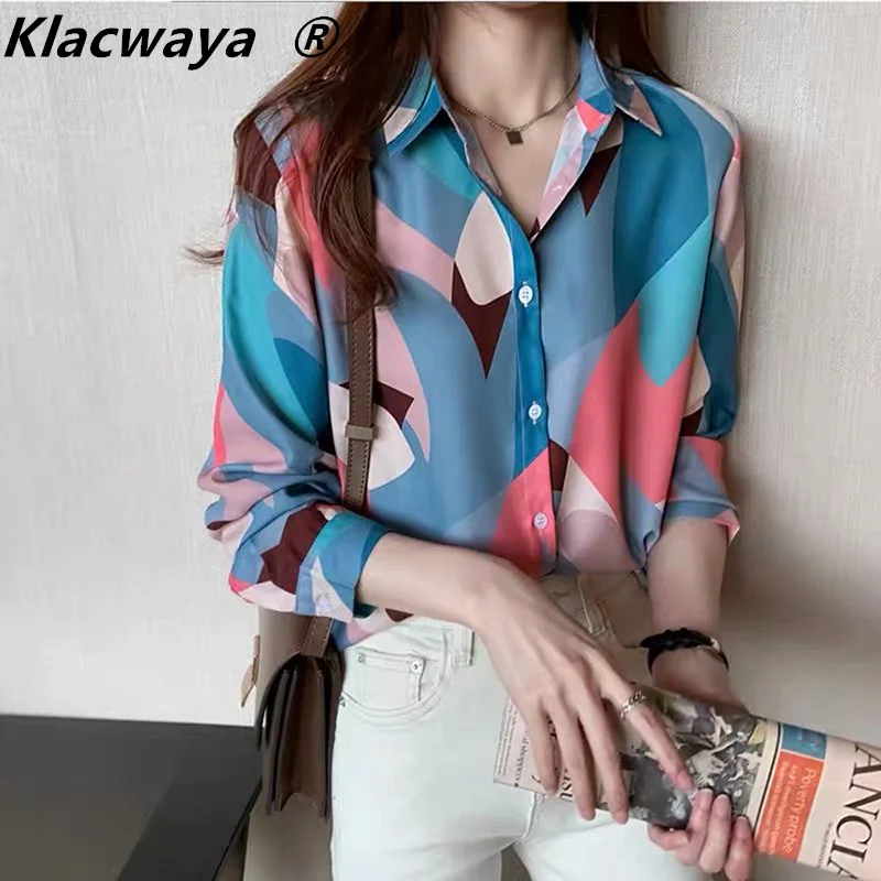 

Klacwaya New 2021 Spring Autumn Shirt For Women Turn Down Collar Long Sleeves Colorful Print Thin Shirts Tops Leisure Blouses