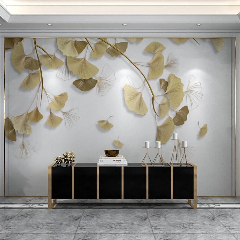 Custom Mural Golden Embossed Ginkgo Leaves Wallpaper Art 3D Wall Painting Luxury Living Room Bedroom TV Background Wall Covering