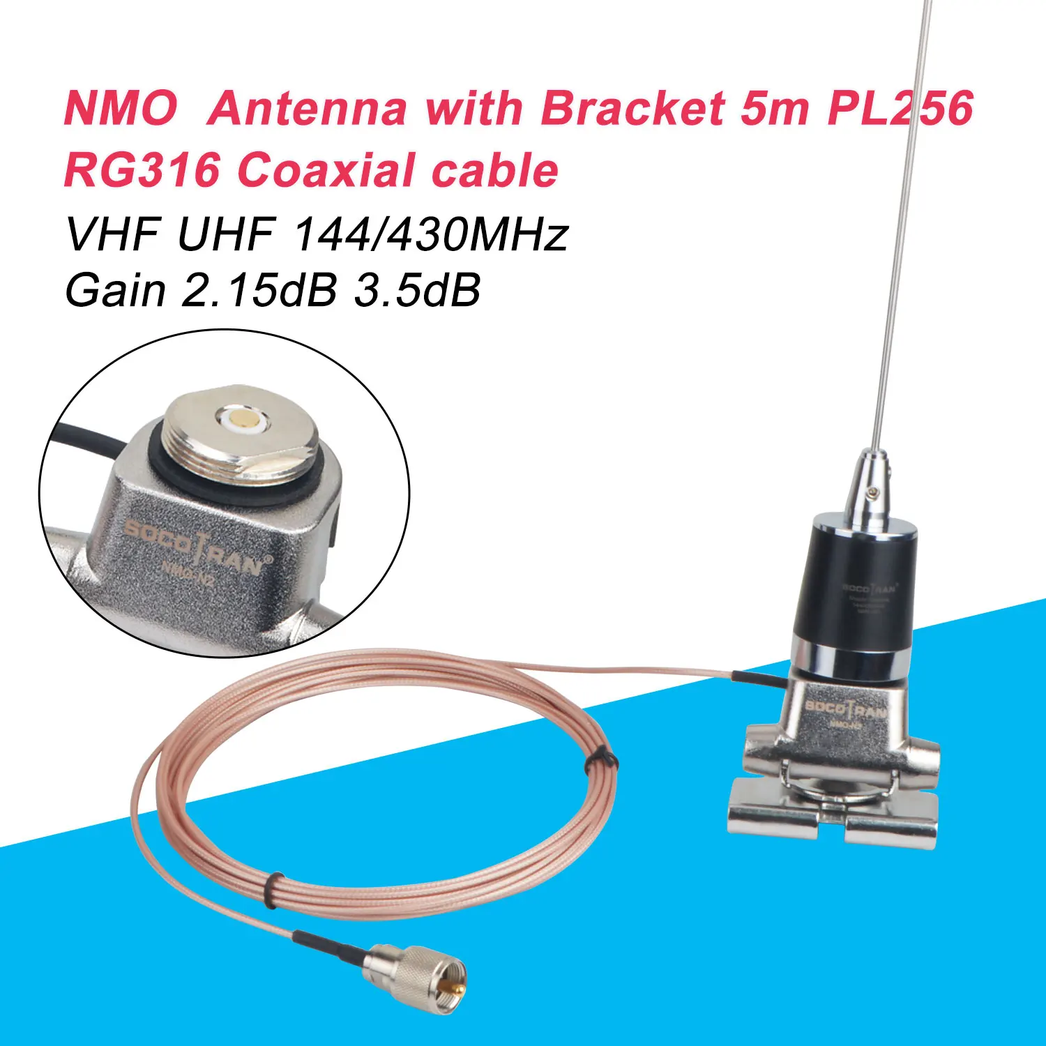 

SOCOTRAN NMO-N1 двухдиапазонный VHF/UHF 2.15db 3.5dB NMO мобильный Anenna с кронштейном 5 м коаксиальный кабель PL259 RG316 для мобильного автомобиля радио