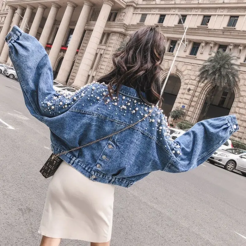 Bling Women Denim Jacket 2025 Autumn Full Sleeve Loose Button Pearl Short Lapel Wild Leisure Appliques Tassel Female Veste Femme