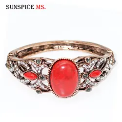 SUNSPICE MS Vintage Bohemia Natural Stone Bangle Bracelet For Women Antique Gold Color Traditional Gift Caucasian Cuff Jewelry