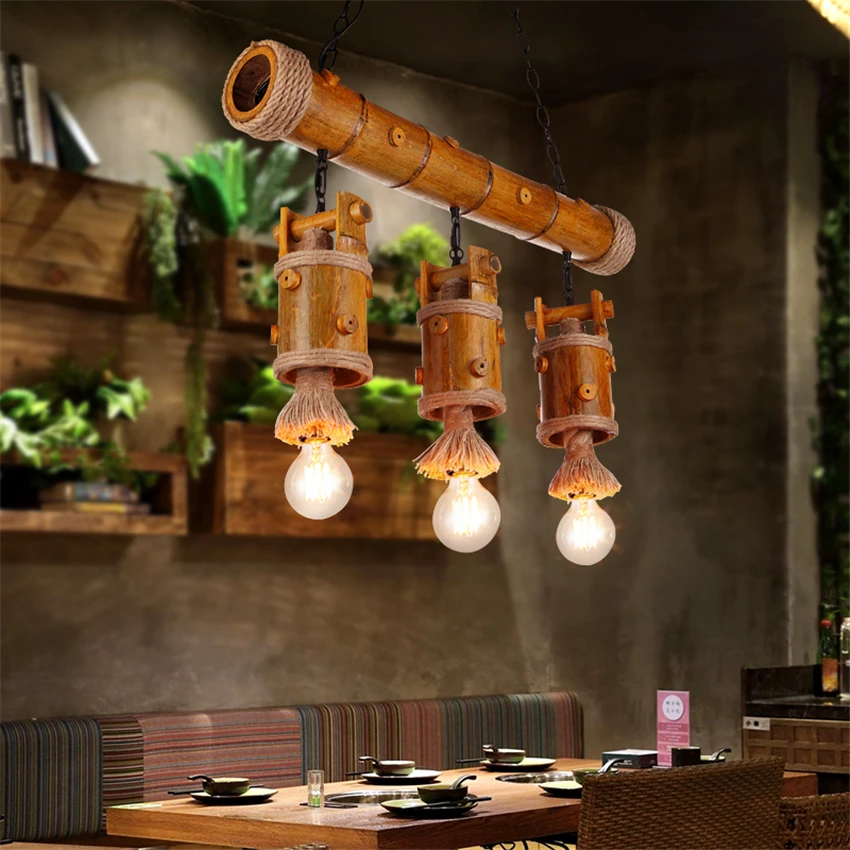 American Three-headed Hemp Rope Pendant Lights Retro Restaurant Bar Coffee Clothing Shop Bamboo Barrel Hanging Lights Fixtures