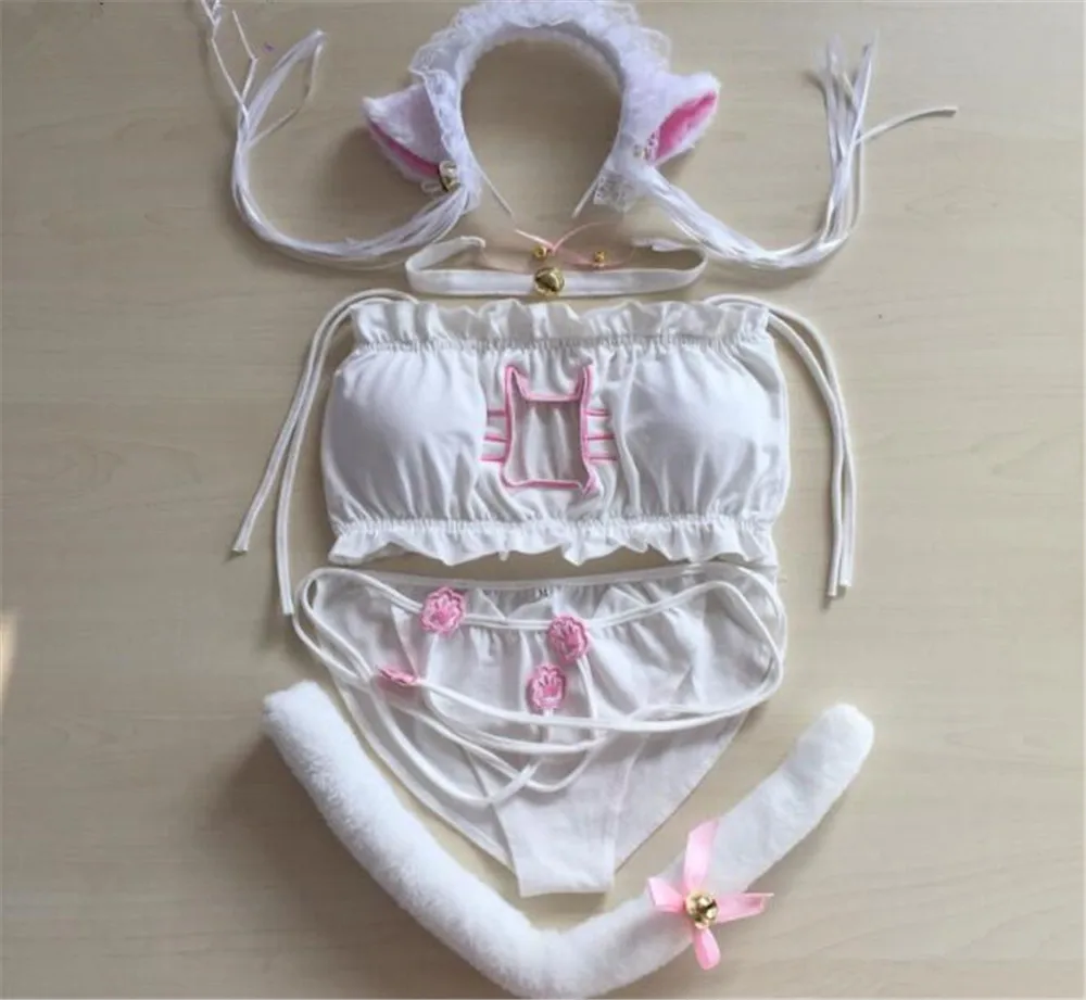 Maid Cat Cosplay Sexy Lingerie Anime Ruffle Hollow Kawaii Bra Strappy  Briefs Set Neko Embroidery Footprints Ear/Choker C353
