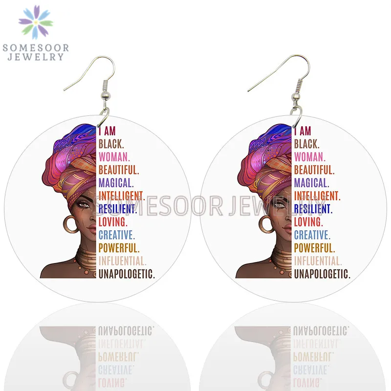 SOMESOOR Magical Beautiful Black Woman Wooden Drop Earrings With Inspired Writings Both Sides Printed Big Loops Dangle Jewelry