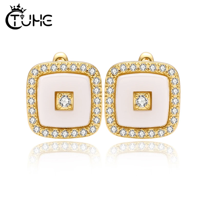 TUHE New Classic Squar Ceramic Stud Earrings AAA Cubic Zirconia Ear For Women Fashion Jewelry Black White Ceramic Trendy Earring