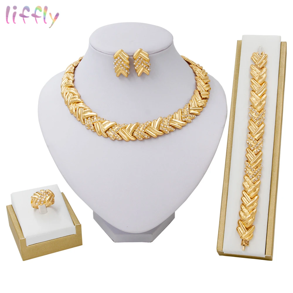 Liffly Bridal Fashion Dubai Gold Jewelry Sets for Women Costume Necklace Earrings Nigerian Wedding African Beads Jewelry Set