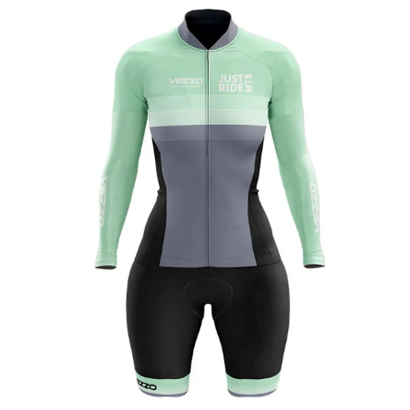 VEZZO Green Cycling Clothes Triathlon Skinsuit Sets Women's Macacao Ciclismo Feminino Go Pro Team Bicycle Jumpsuit Kits Summer