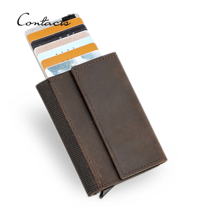 

CONTACT'S Crazy Horse Leather Card Holder Wallet Men Automatic Pop Up ID Card Case Small Coin Purse RFID Blocking Male Wallets