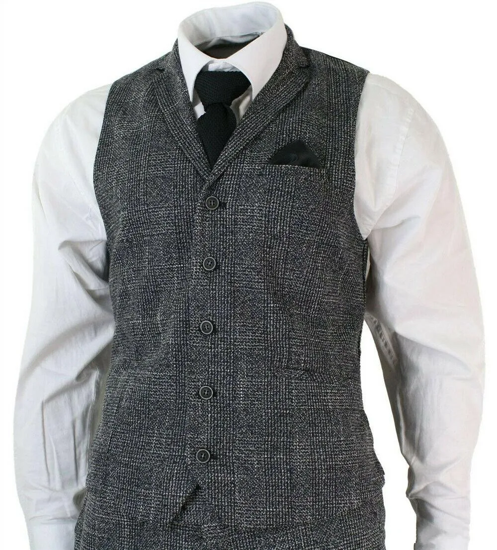 Mens Tailored Fit 3 Piece Grey Black Herringbone Tweed Vintage Retro Formal Suit Prom Suit (Jacket+Pants+Vest)