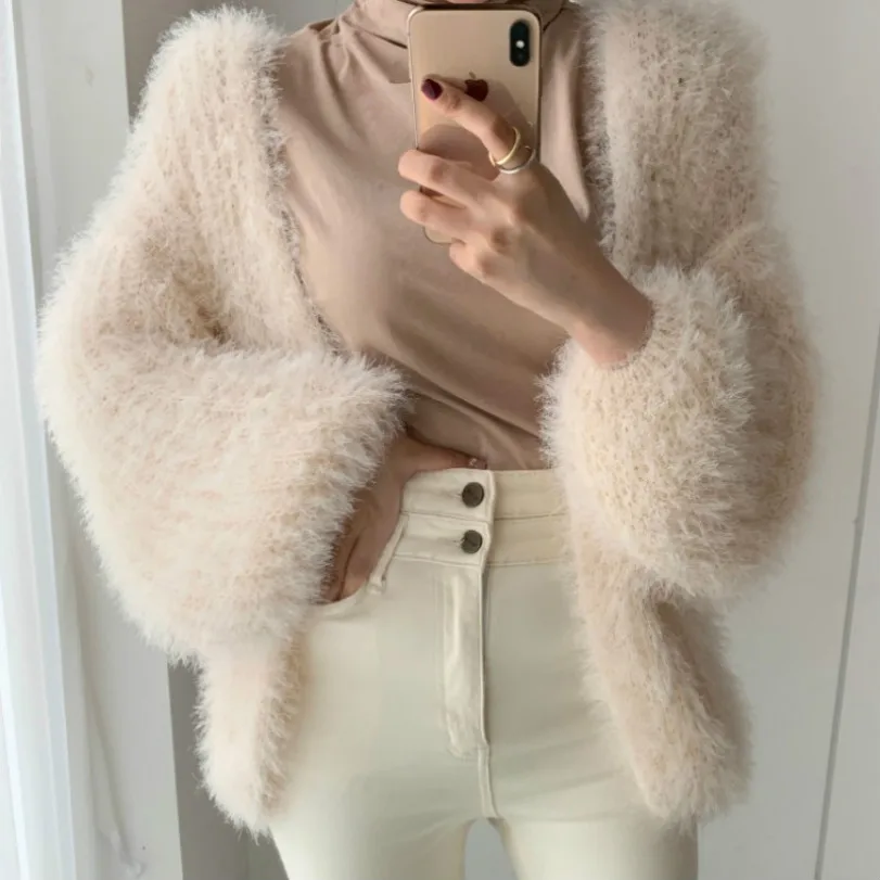 Luxury V-Neck Mink Cashmere Knit Cardigan Mohair Crocheted Sweater Coat Faux Fur Furry Jacket Velvet Lantern Sleeve Tops Sueter