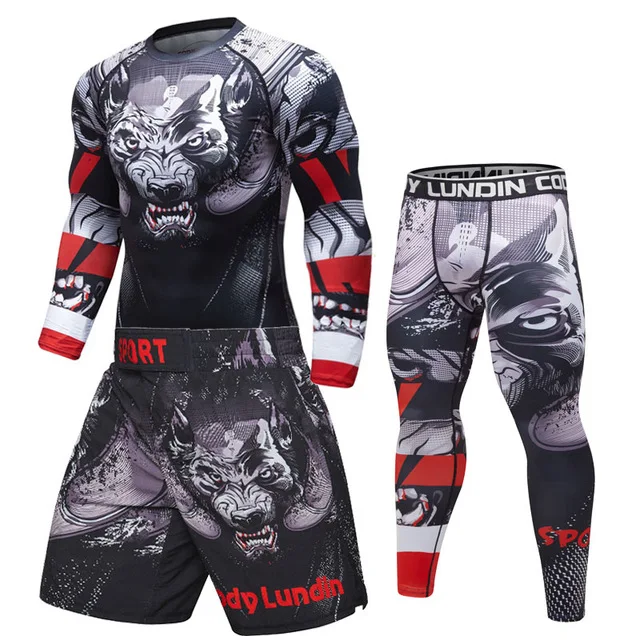 Men Sport MMA Rashguard Jiu Jitsu Jerseys+Pants Fitness T Shirt UCF BJJ Boxing Set Gym Rash Guard Fightwear Sportsuit Boxeo