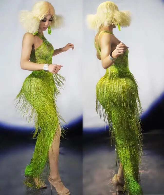 

Nightclub bar female singer DJ guest gogo costume Sexy green teapot tassel dress