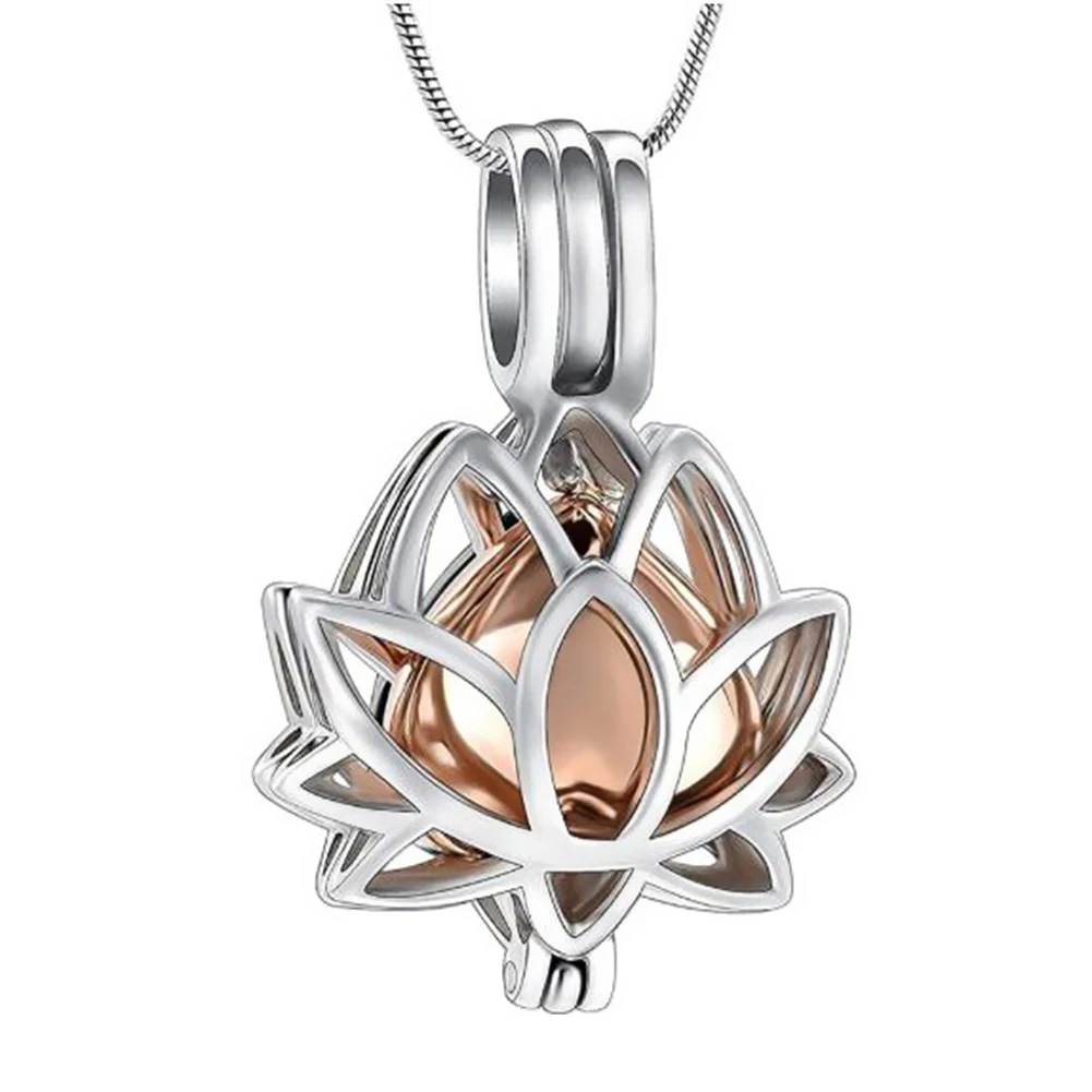 Stainless Steel Hollow Cremation Jewelry Ashes Urn Pendant Necklace Lotus Flower Shape Urn Cremation Jewelry for Ashes Dropship