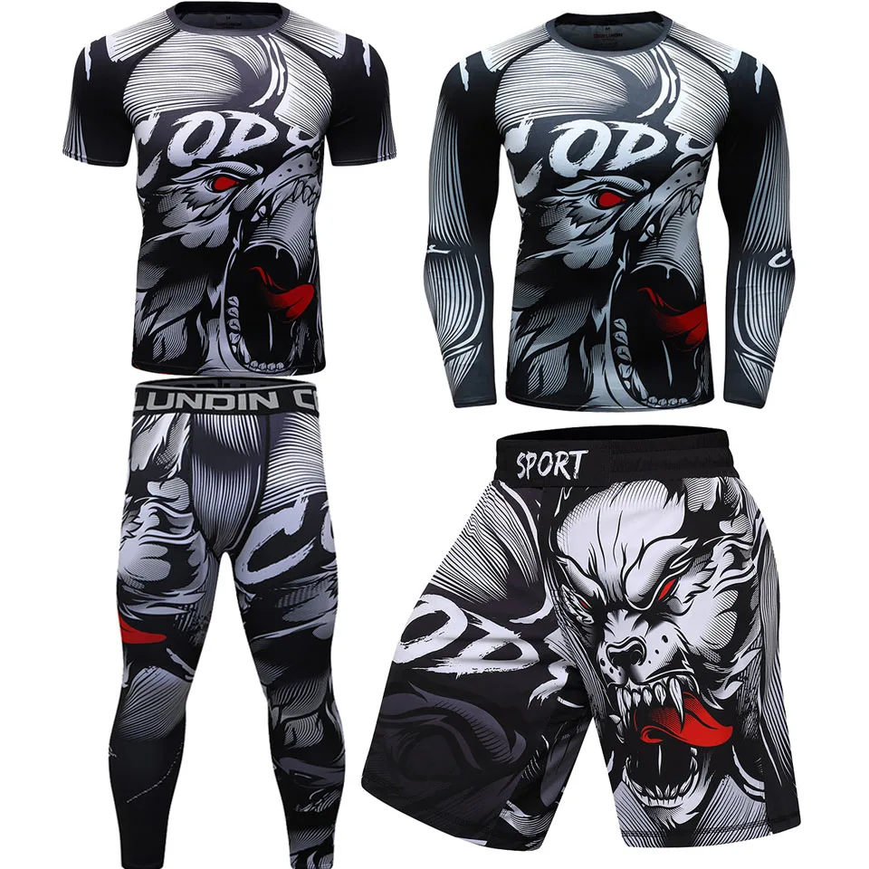 Men Compression running T-Shirt+Pants MMA Work Out Rashguard T Shirt Exercise Fitness Tights Cross fit Rash Guard bjj Jersey