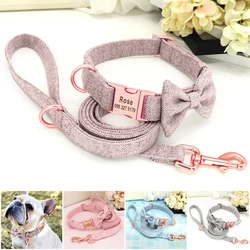 Customized Dog Collar Leash Set Personalized High Quality Dogs Collars With Bowtie Adjustable Pet Collars Leashes Free Engraving