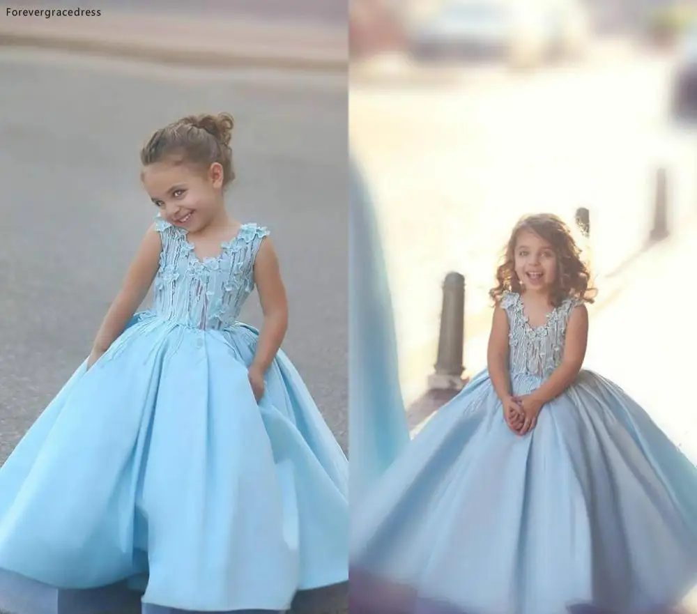 New Cute Light Blue Flower Girls Dress Mother And Daughter Princess A-line Junior Kid's Special Occasion Dress Party Dress