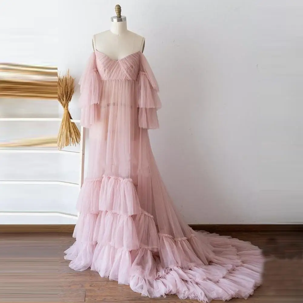 Sexy Tulle Maternity Dresses With Straples Long Sheer Tulle Maternity Robes Custom Made Layered Extraa Puffy Tulle Gowns