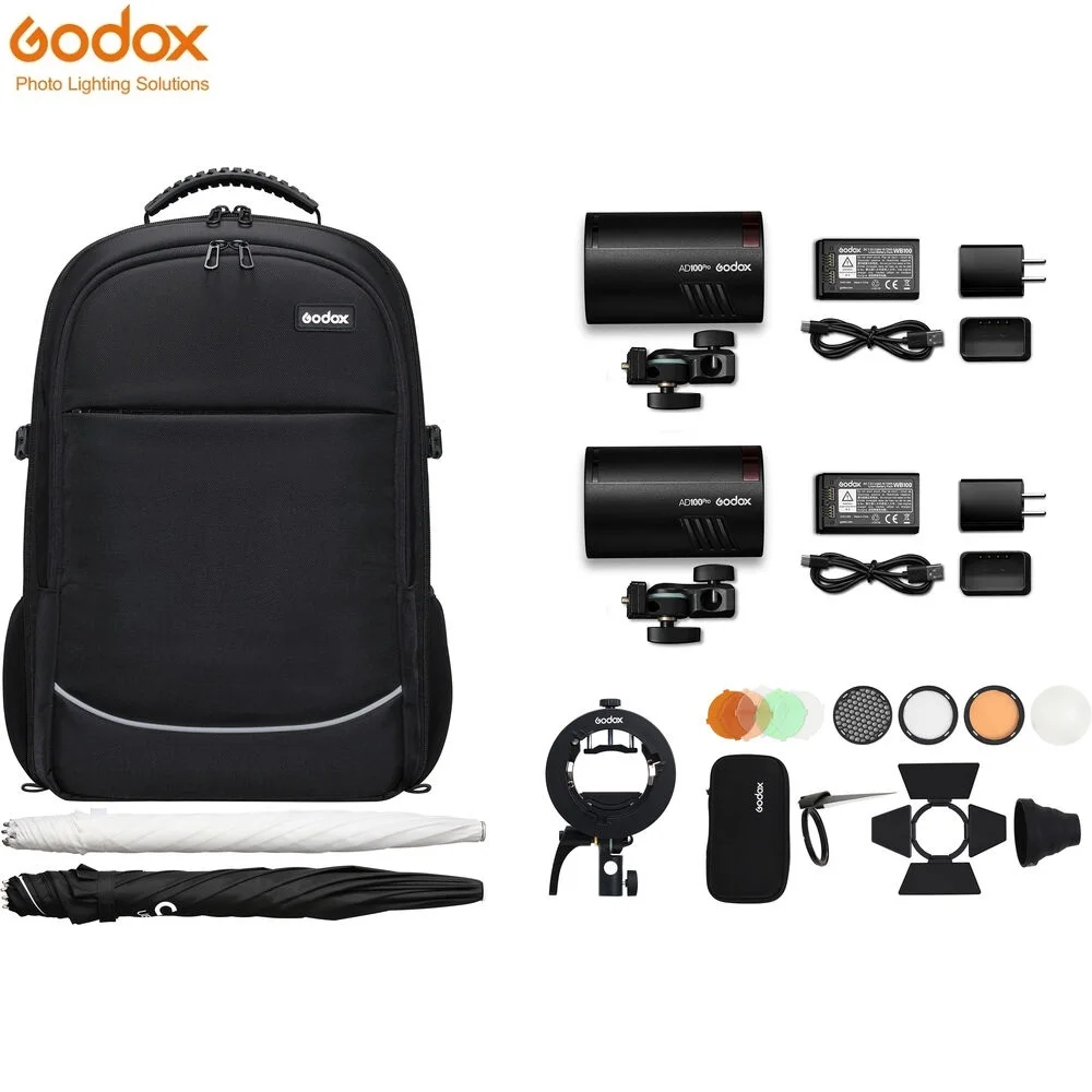 Godox AD100Pro AD100 Pro Outdoor Flash 2-Light Kit With Accessories Backpack AK-R1 S2 34\