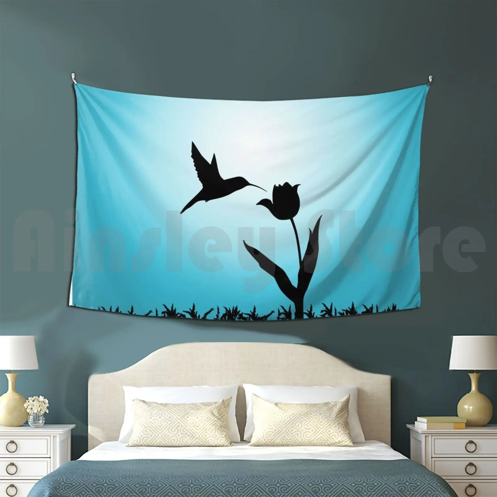 Hummingbird Tapestry Living Room Bedroom 2466 Hummingbird Fly Flying Bird Tulip Flower Sunlight Day Daytime Bright