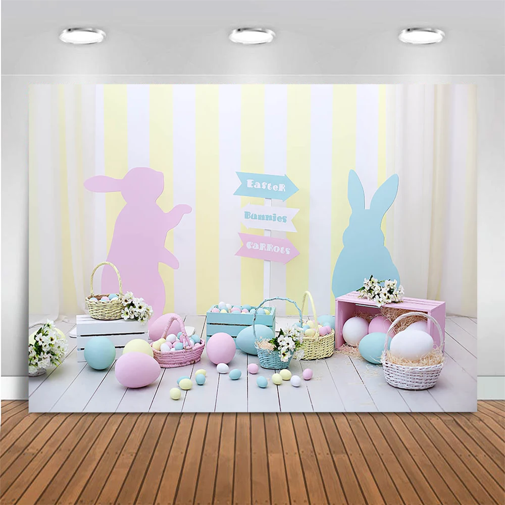 Bunny Easter Backdrop Kids Child Photocall Pink Blue Bunny Decor Gender Reveal Featival Cake Smash Easter Eggs Backdrop