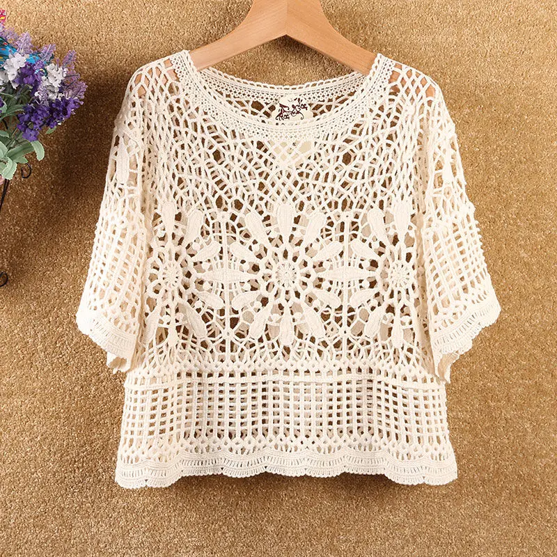 Lace hollow crochet short women\'s spring/summer 2023 fashion new sweater loose blouse with western style casual all-match