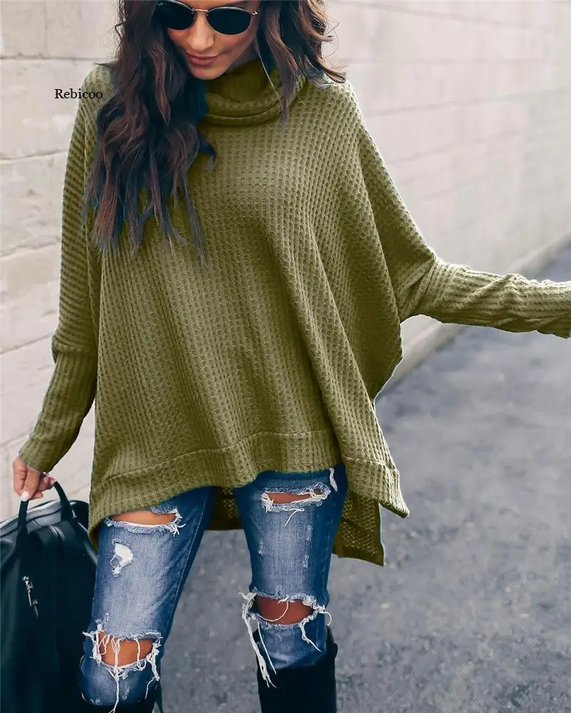 

Turtleneck Knitted sweater Winter Women Sweatshirts Pullover Autumn Split Cut Irregular Casual Oversized Hoodie Female