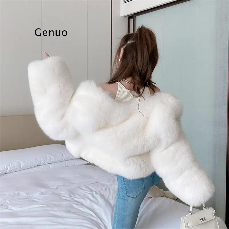 Chaqueta mullida y gruesa de piel sintética para mujer, abrigo de lujo, abrigo de peluche largo, ropa exterior