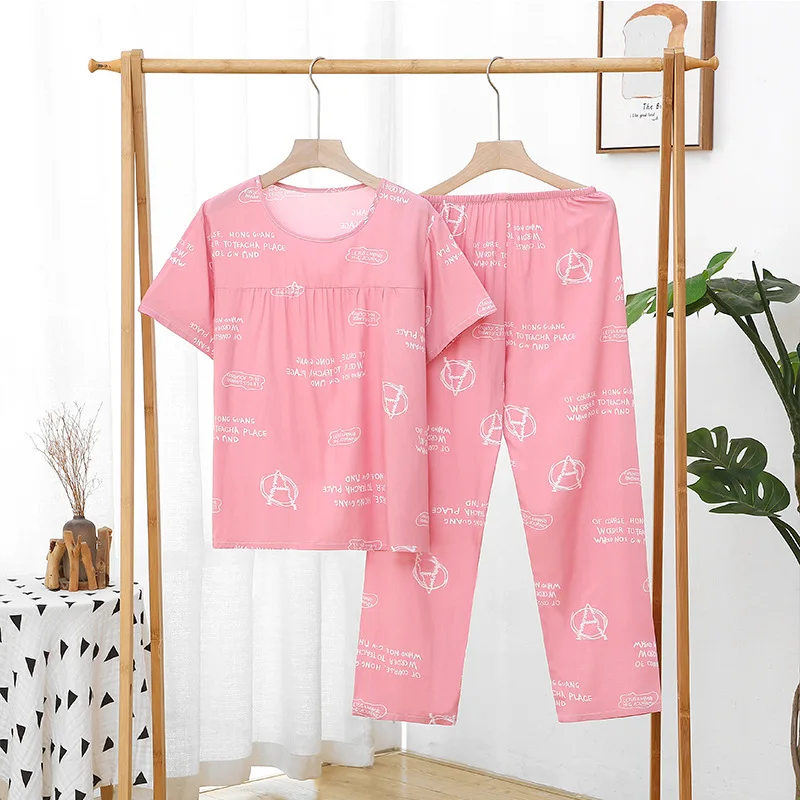 Zomer Pyjama Set Vrouwen Comfortabel Katoen Viscose Contrasterende Kleur Pyjama Korte Mouw Tops Met Lange Broek Dames Pj Set