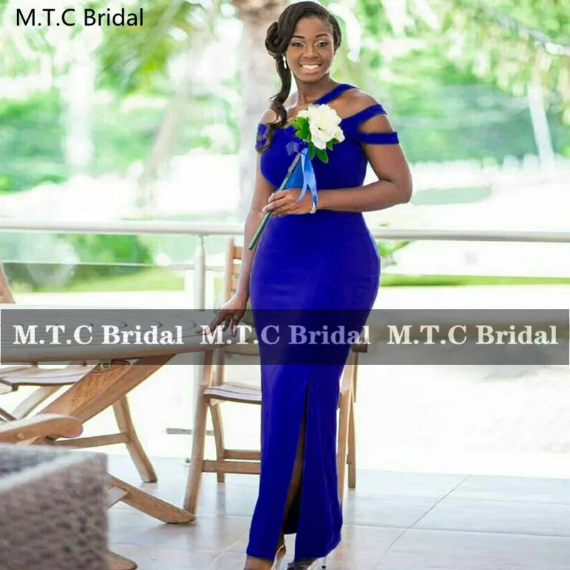 Wholesale Royal Blue Long Bridesmaid Dresses For Black Girls Straps Straight Side Slit Plus Size Maids Of Honor Party Gowns