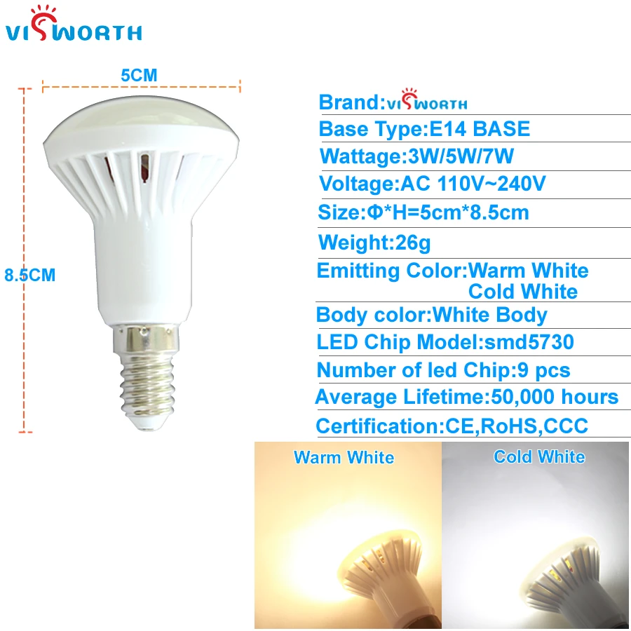 VisWorth (10 pieces/Lot) R50 Led Bulb E14  Crystal Lamp  Smd5730 AC 110V 220V 240V Lampada Cold Warm White For Home Decoration