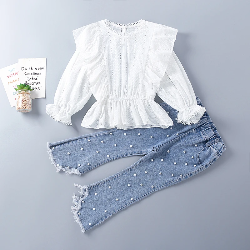 

3-10 Years High Quality 100%Cotton Spring Girl Clothing Set 2022 New White Solid Kid Children Clothes Blouses+ Jean