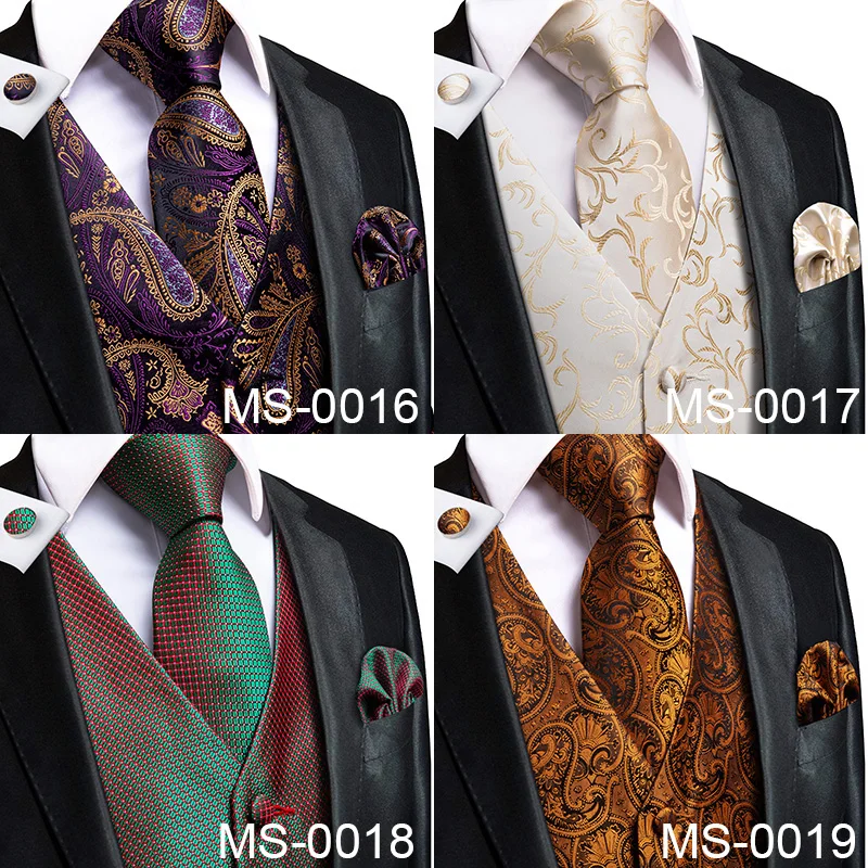 Hi-Tie Silk Adult Men\'s Vest for Suit Luxury Paisley Floral Plaid Suit Vest and Tie Set Blue Gold Red Sliver Wedding Vest Men