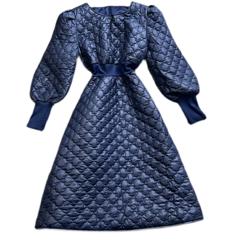 French style winter vintage quilted puff sleeve princess dress women slim a-line warm dress