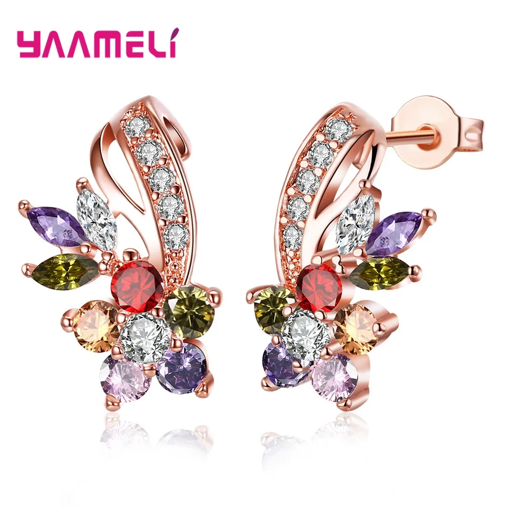 Luxury Rose Gold Color Multicolor Cubic Zirconia Stud Earrings for Women Bridal Wedding Party Ear Piercing Jewelry Gifts