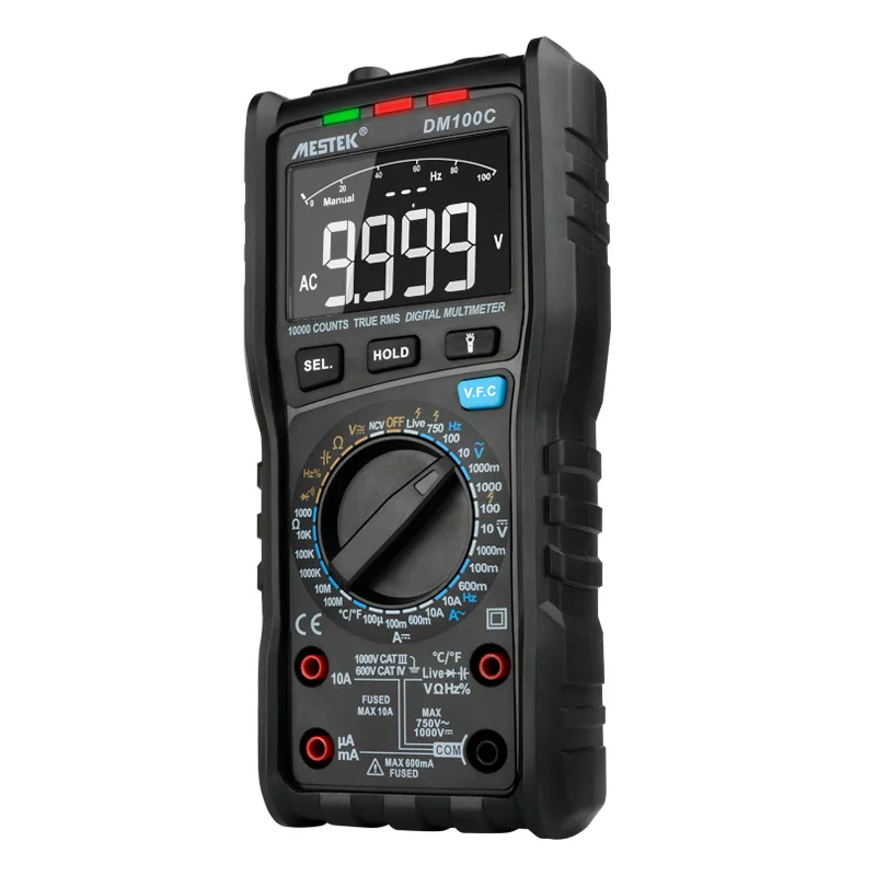 DM100C True-RMS 10000 Button Digital Multimeter Features Analog Bar Graph AC / DC Voltage Ammeter Manual Ohm / Auto