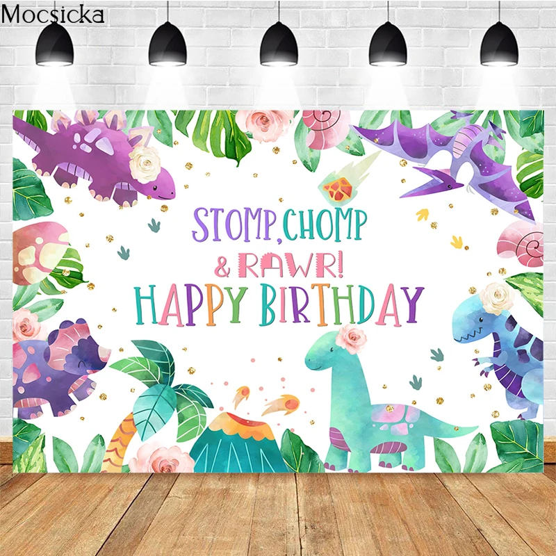 Mocsicka-Arrière-plan de Photographie Joyeux Anniversaire, Bannière de Décoration de Petit Dinosaure, Accessoires de Studio, Portrait d'Enfant