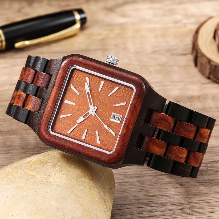 Retro Wood Calendar Watches for Men Creative Rectangle Dial Clock Man Full Natural Wooden Band Watch Date Quartz Wrist Watches