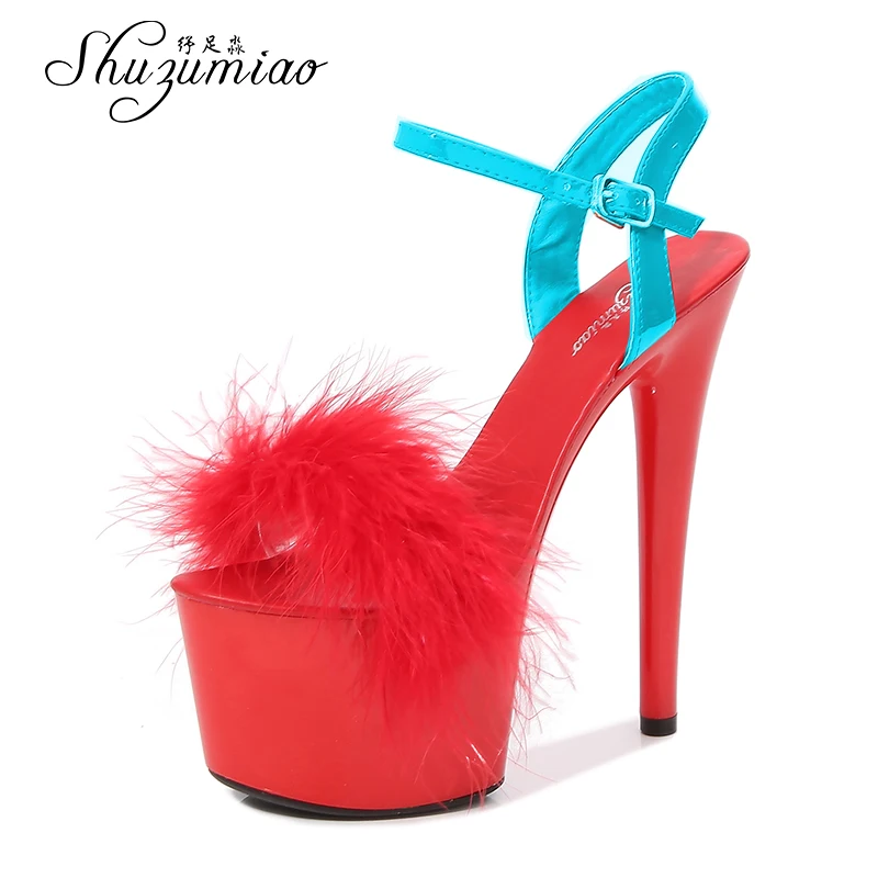 Pole Dance Shoes Feather Sandals Mixed Colors Fur Women Shoes 2021 Feather Sandals Stripers Heels Platform 17 CM Sexy High Heel
