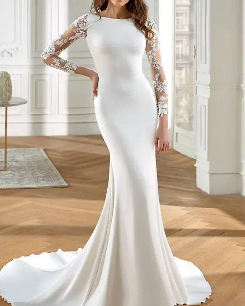 Romântico sereia aberto para trás vestidos de casamento jewel neck tribunal trem rendas apliques vestidos de noiva robe de mariage