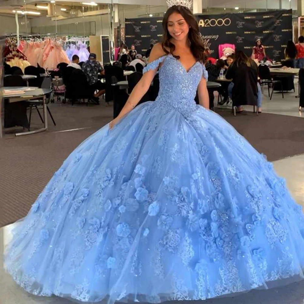 

Реальное небесно-голубое платье принцессы Quinceanera 2024 женское платье с 3D цветами, милое Тюлевое платье 16 цветов, платья 15 лет