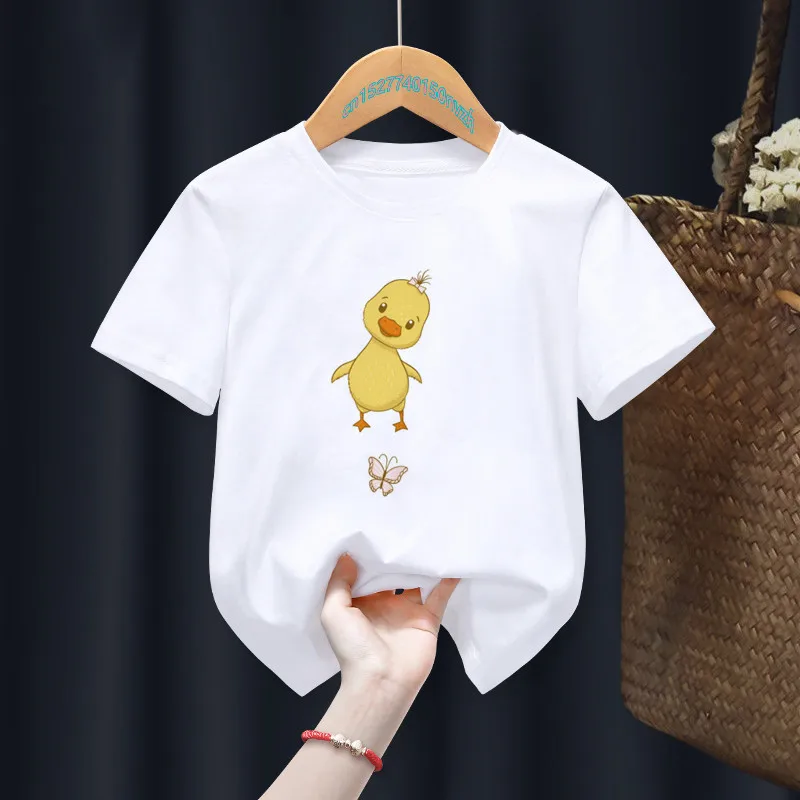 Cute Duck Print Boys/Girls White T-shirt Kid Summer Harajuku Kawaii Funny Clothes Little Baby Y2K Clothes,Drop Ship